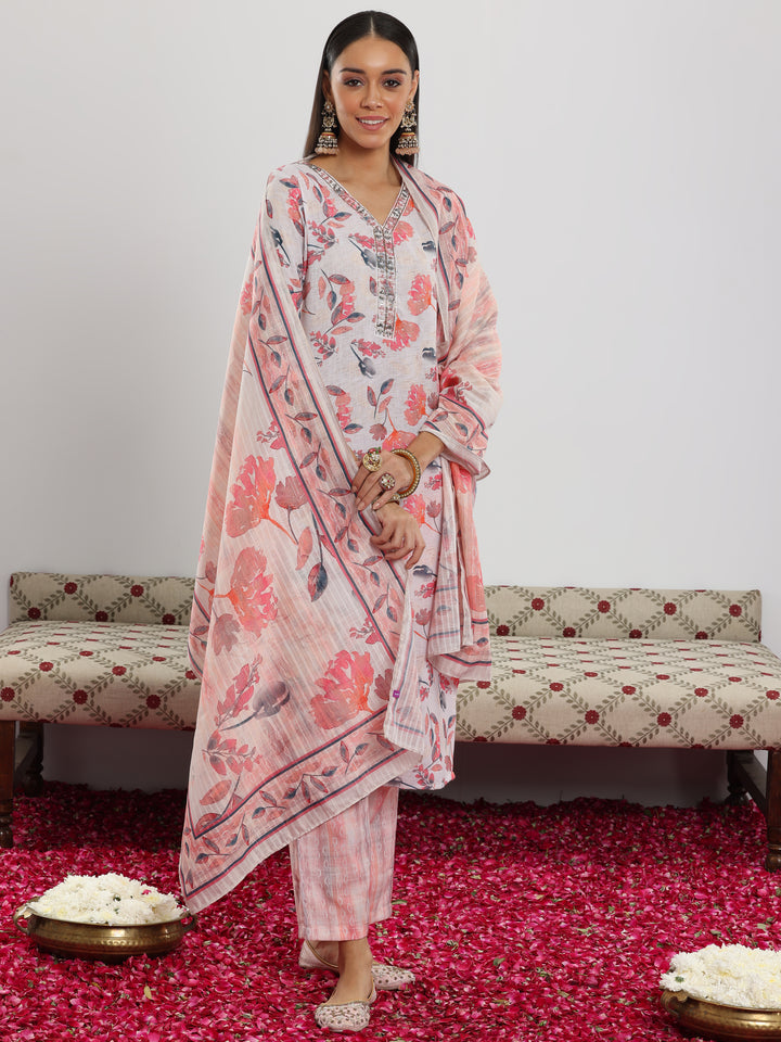 Off White Printed Cotton Blend Straight Suit With Dupatta