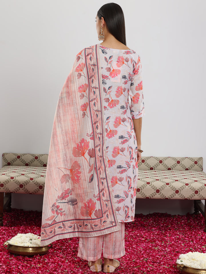 Off White Printed Cotton Blend Straight Suit With Dupatta