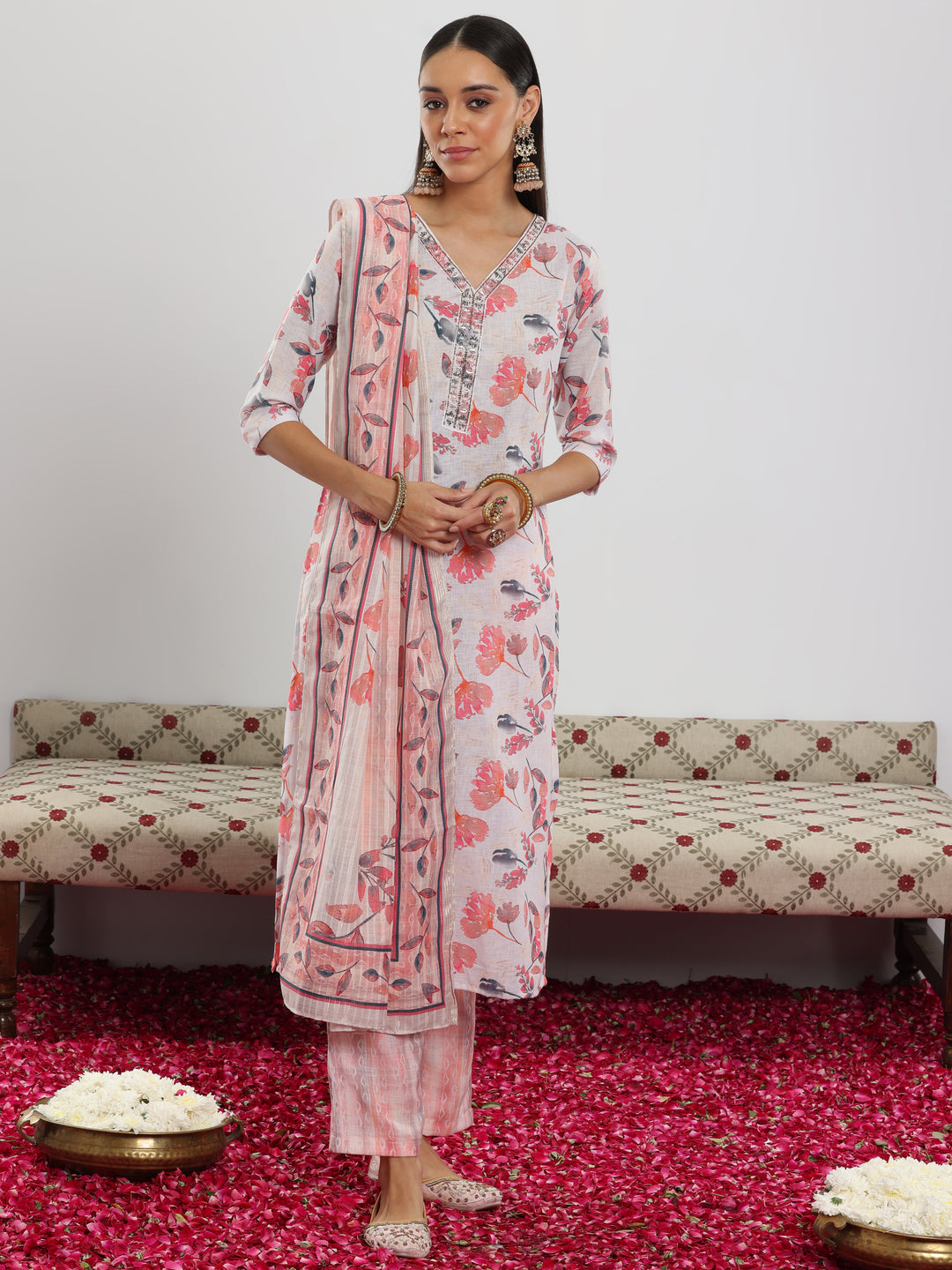 Off White Printed Cotton Blend Straight Suit With Dupatta