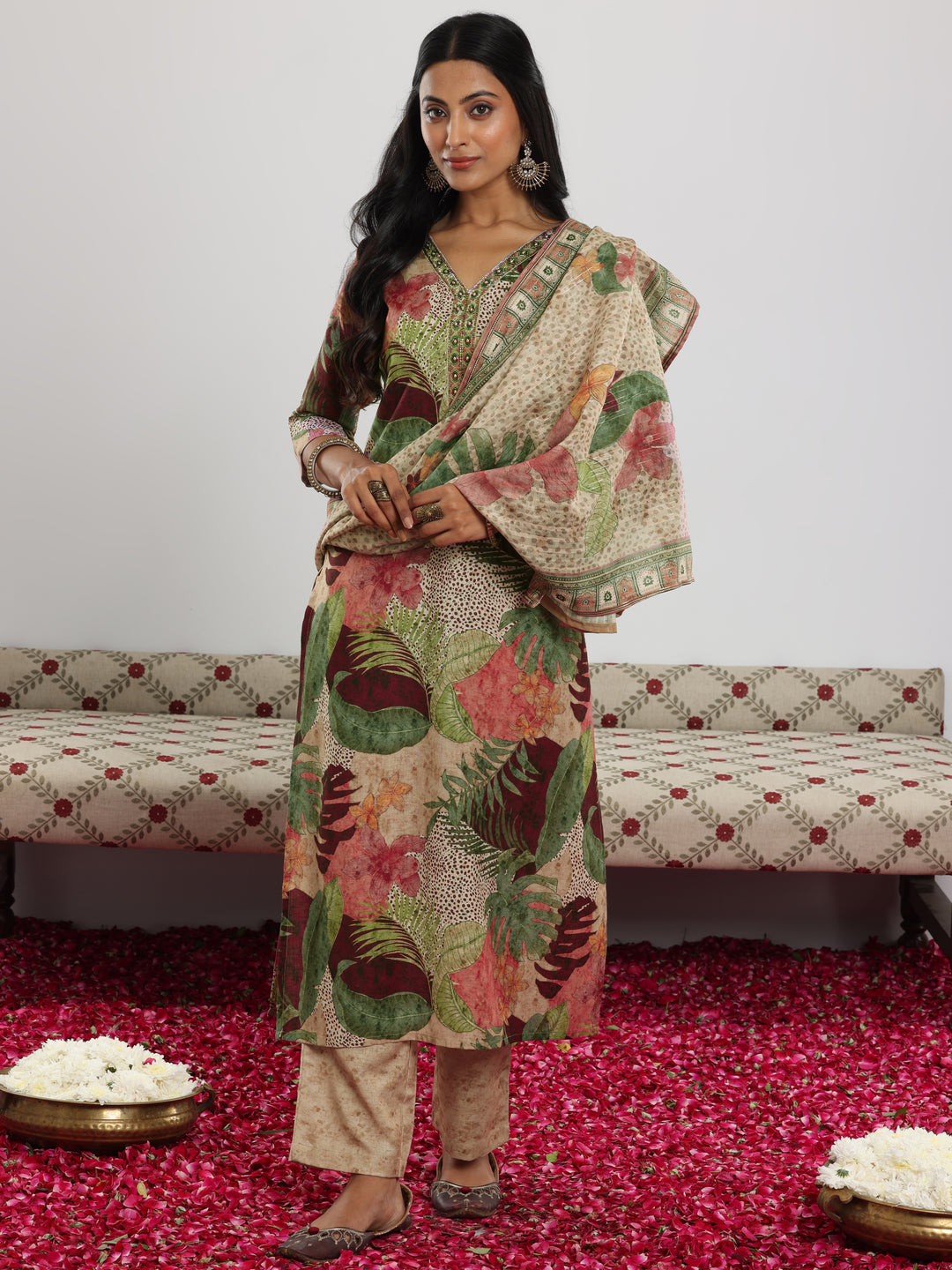 Multi Printed Cotton Blend Straight Suit With Dupatta