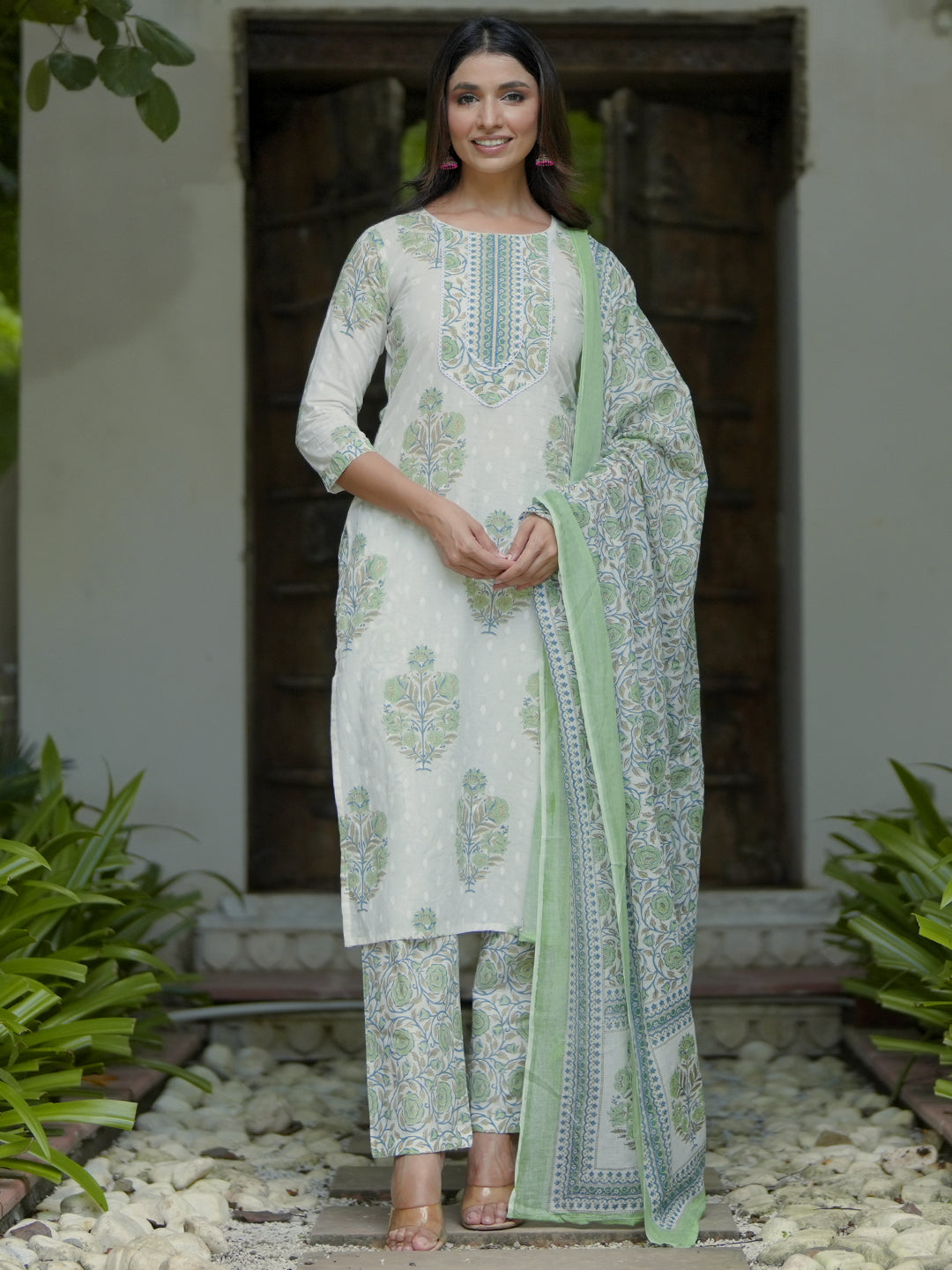 Off White Printed Cotton Straight Suit Sets With Dupatta