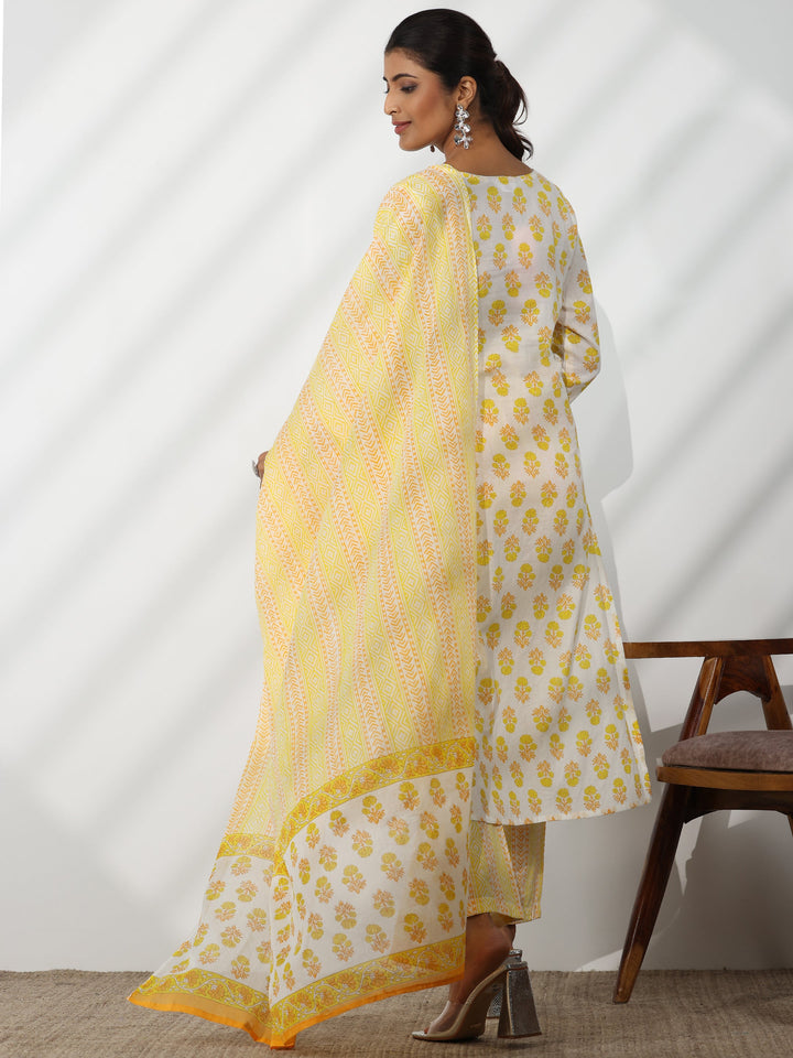 Off White Printed Cotton Straight Suit With Dupatta