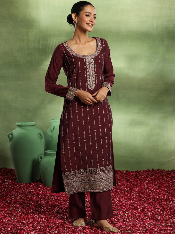 Maroon Embroidered Silk Blend Straight Suit With Dupatta