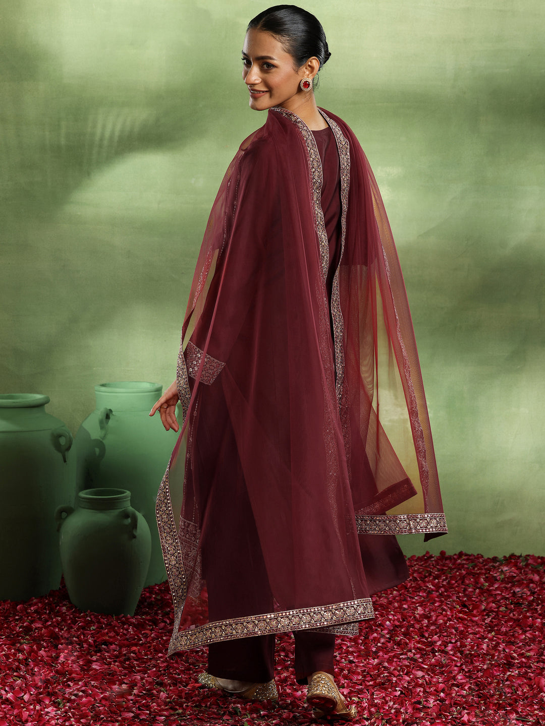 Maroon Embroidered Silk Blend Straight Suit With Dupatta