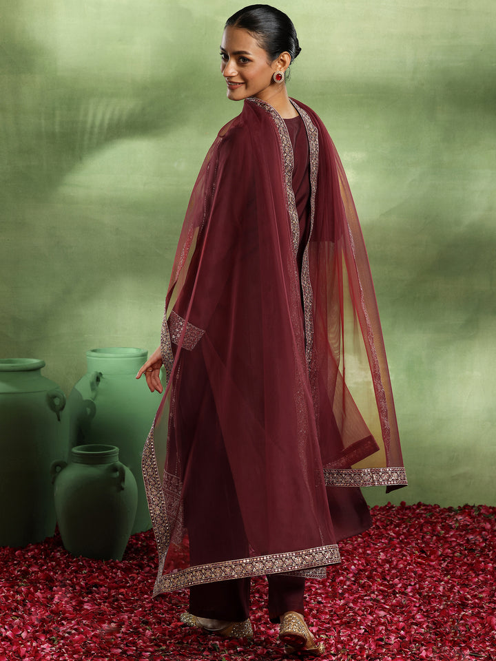 Maroon Embroidered Silk Blend Straight Suit With Dupatta