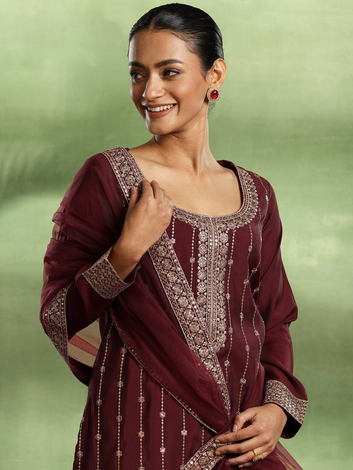 Maroon Embroidered Silk Blend Straight Suit With Dupatta
