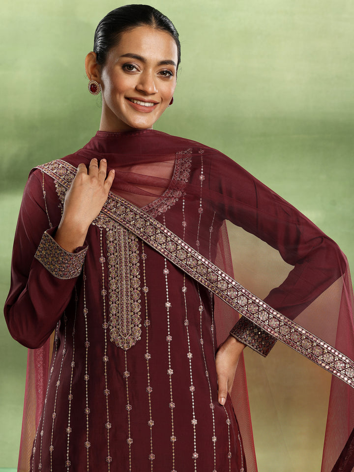 Maroon Embroidered Silk Blend Straight Suit With Dupatta