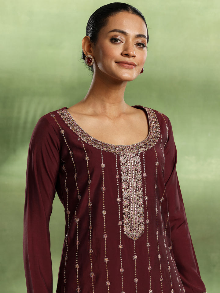 Maroon Embroidered Silk Blend Straight Suit With Dupatta