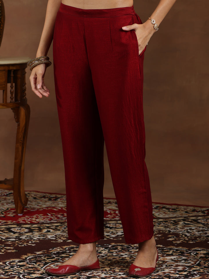 Maroon Embroidered Silk Blend Straight Suit With Dupatta