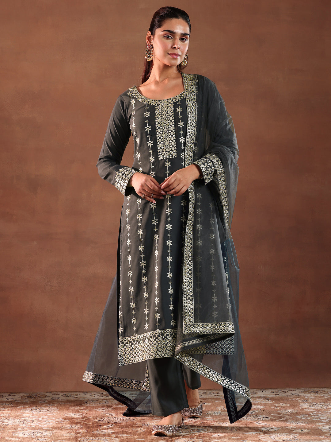 Grey Embroidered Silk Blend Straight Suit With Dupatta