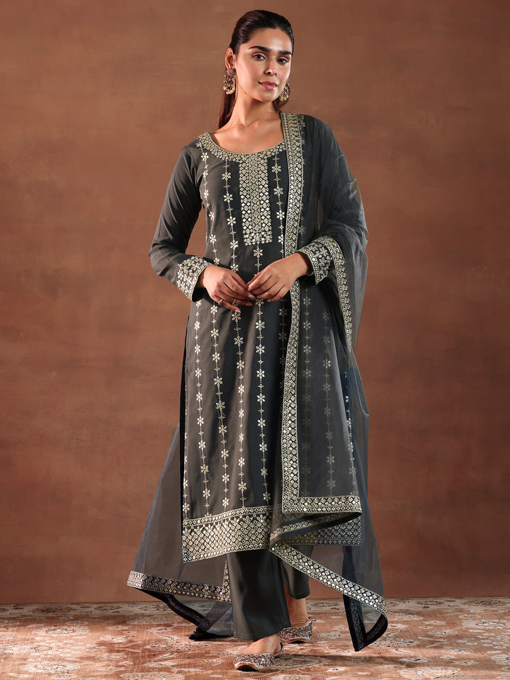 Grey Embroidered Silk Blend Straight Suit With Dupatta