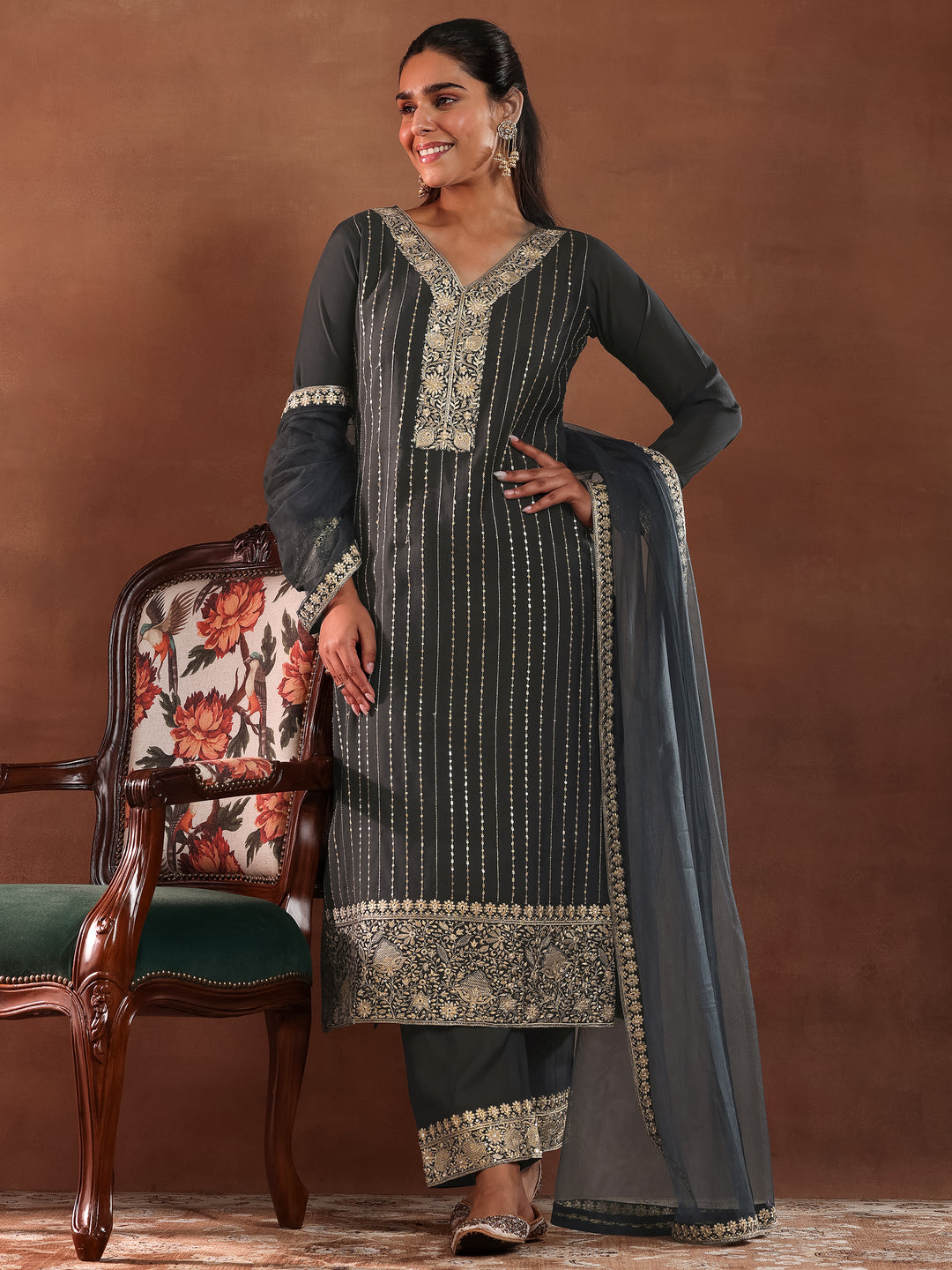Grey Embroidered Silk Blend Straight Suit With Dupatta