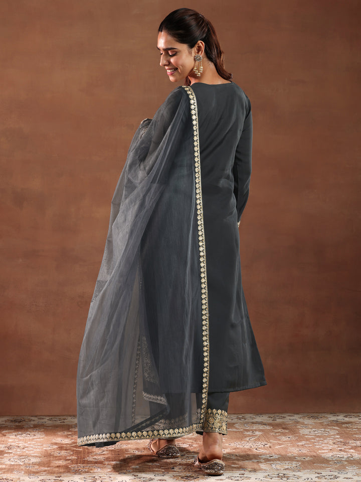 Grey Embroidered Silk Blend Straight Suit With Dupatta