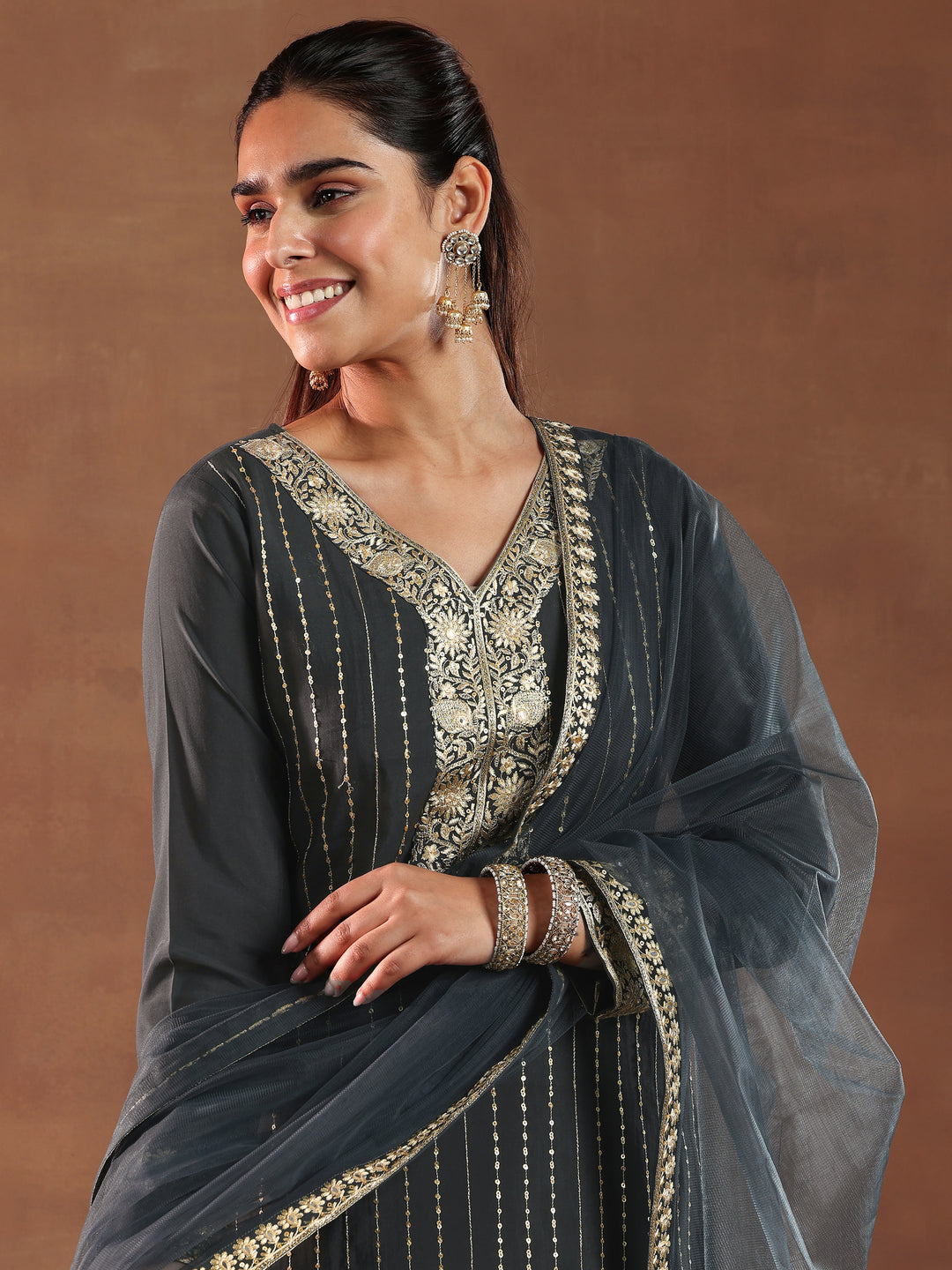 Grey Embroidered Silk Blend Straight Suit With Dupatta
