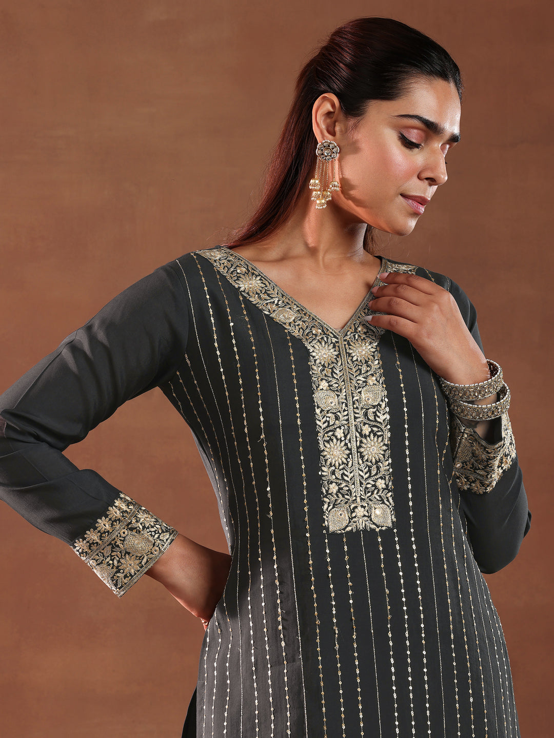 Grey Embroidered Silk Blend Straight Suit With Dupatta