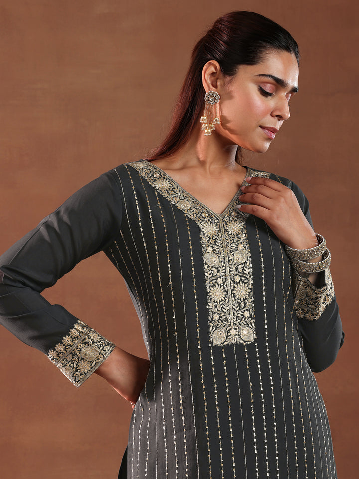 Grey Embroidered Silk Blend Straight Suit With Dupatta