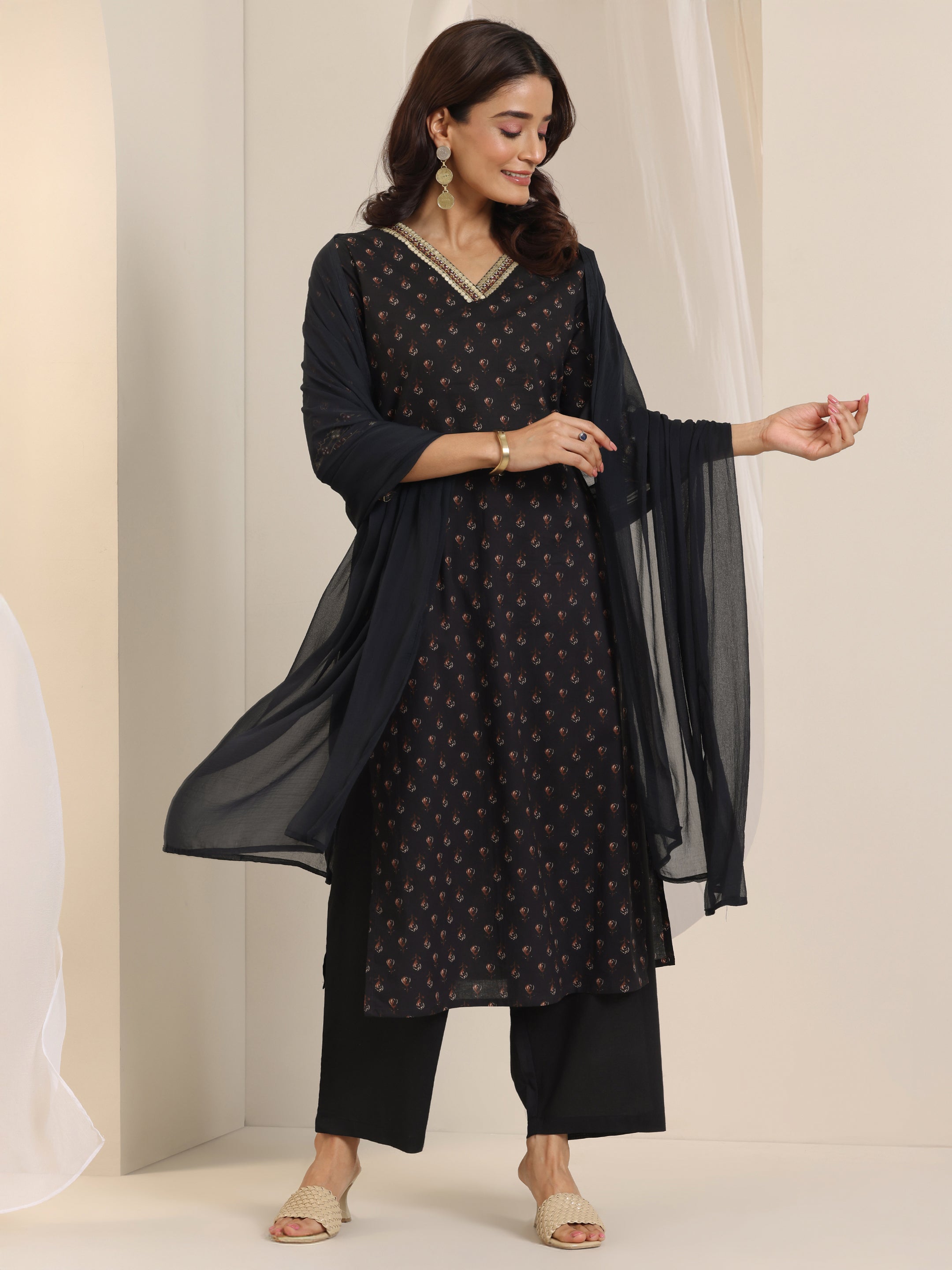 Plus Size Black Printed Cotton Straight Suit With Dupatta