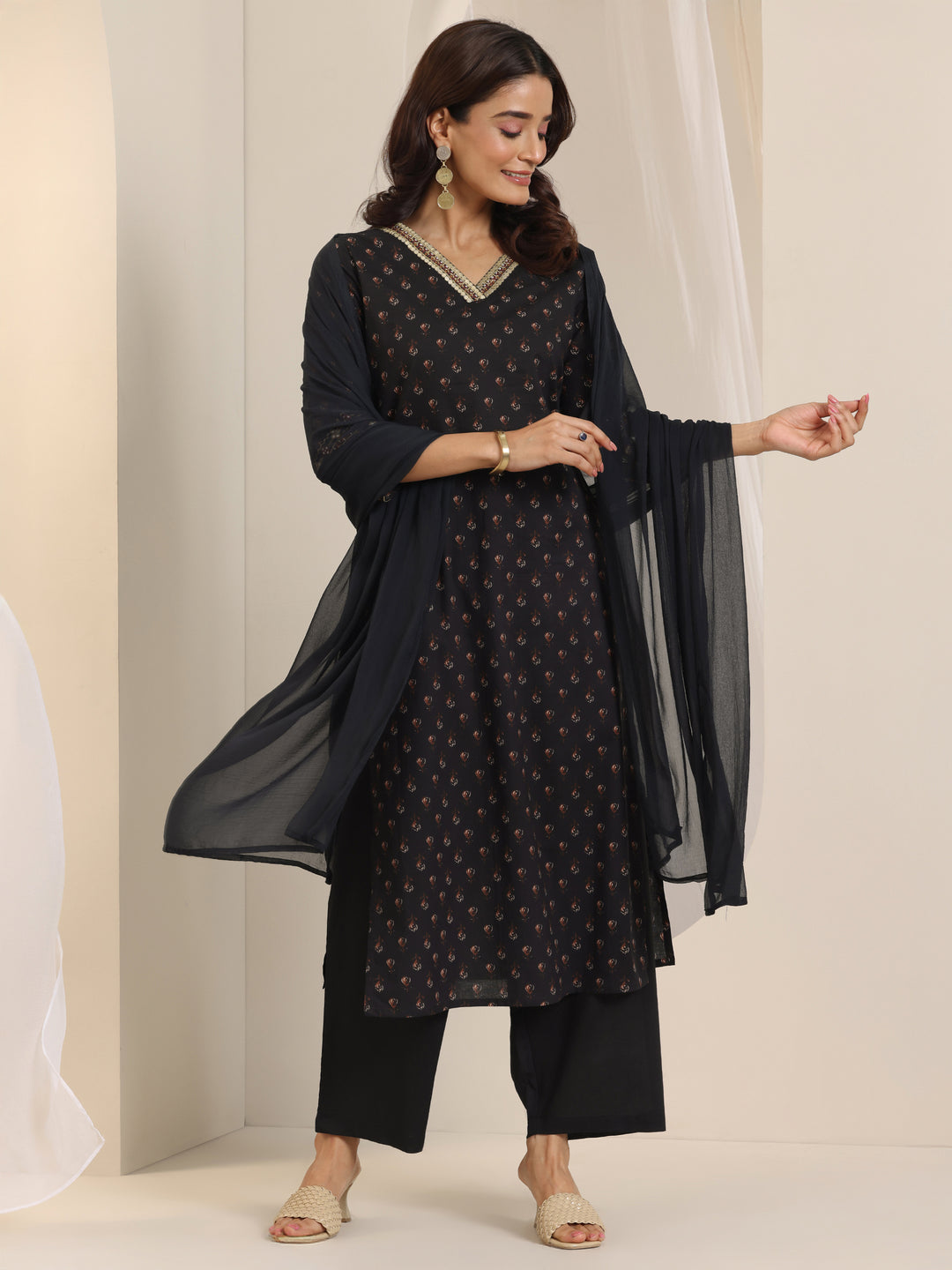 Black Printed Cotton Straight Suit Set With Dupatta