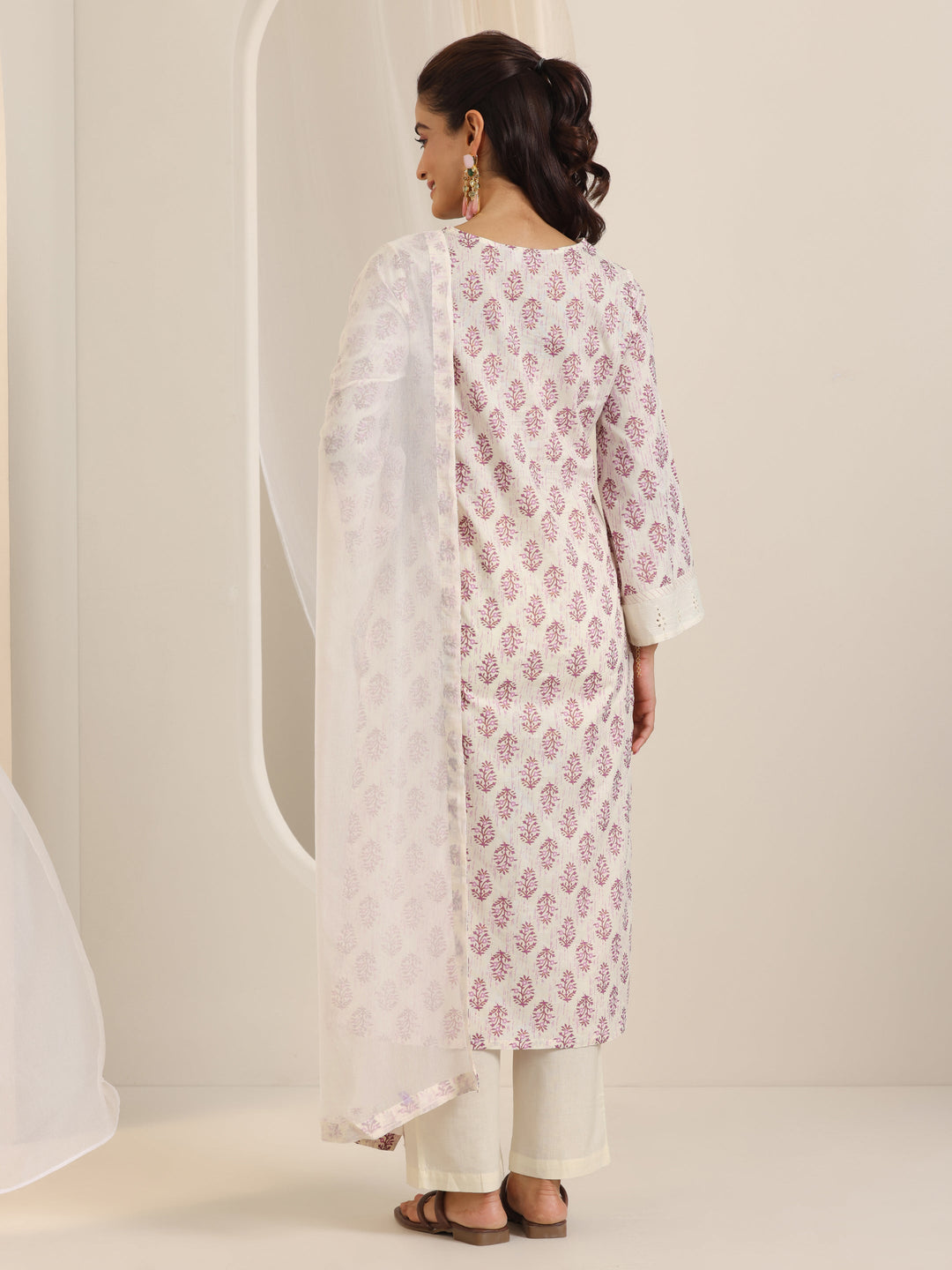 Off White Printed Cotton Straight Suit Set With Dupatta