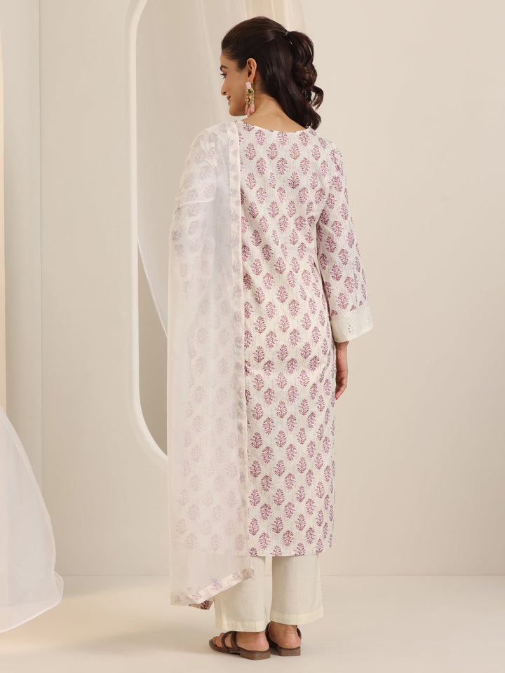 Off White Printed Cotton Straight Suit Set With Dupatta