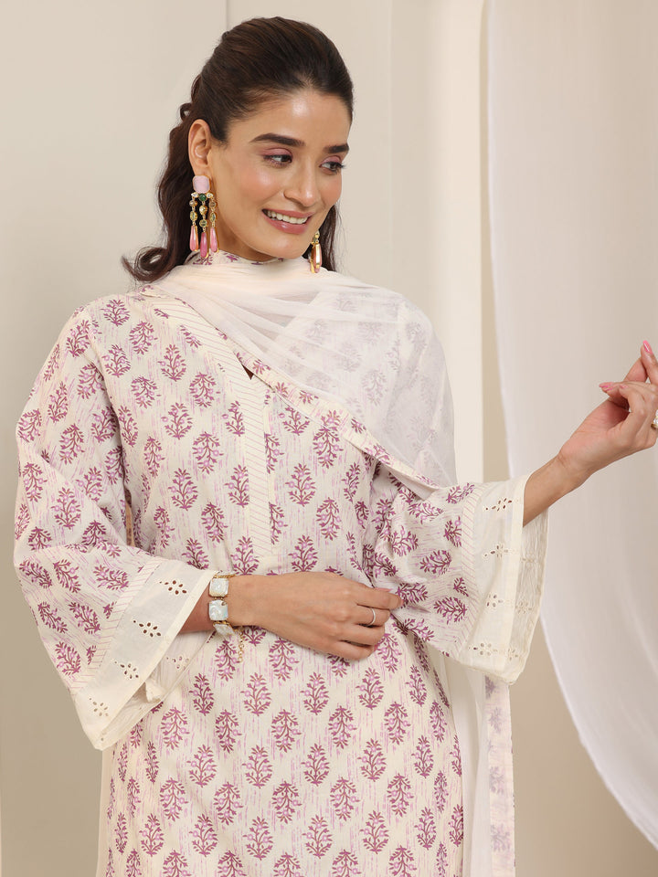 Off White Printed Cotton Straight Suit Set With Dupatta