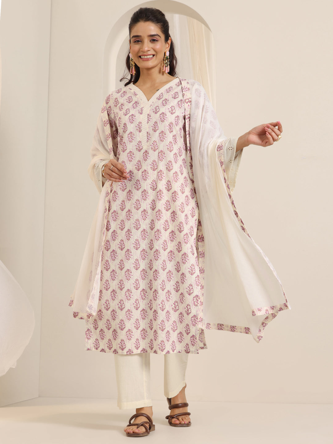 Off White Printed Cotton Straight Suit Set With Dupatta