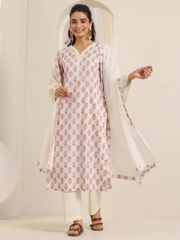 Off White Printed Cotton Straight Suit Set With Dupatta
