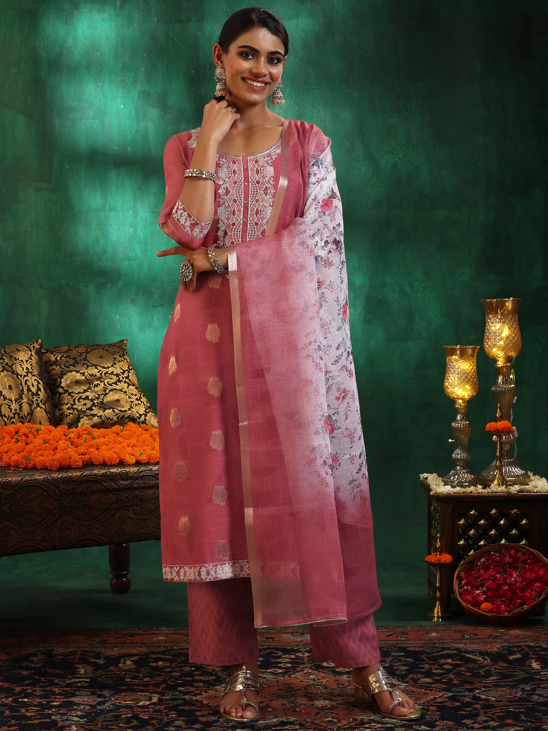 Pink Woven Design Silk Blend Straight Suit Set