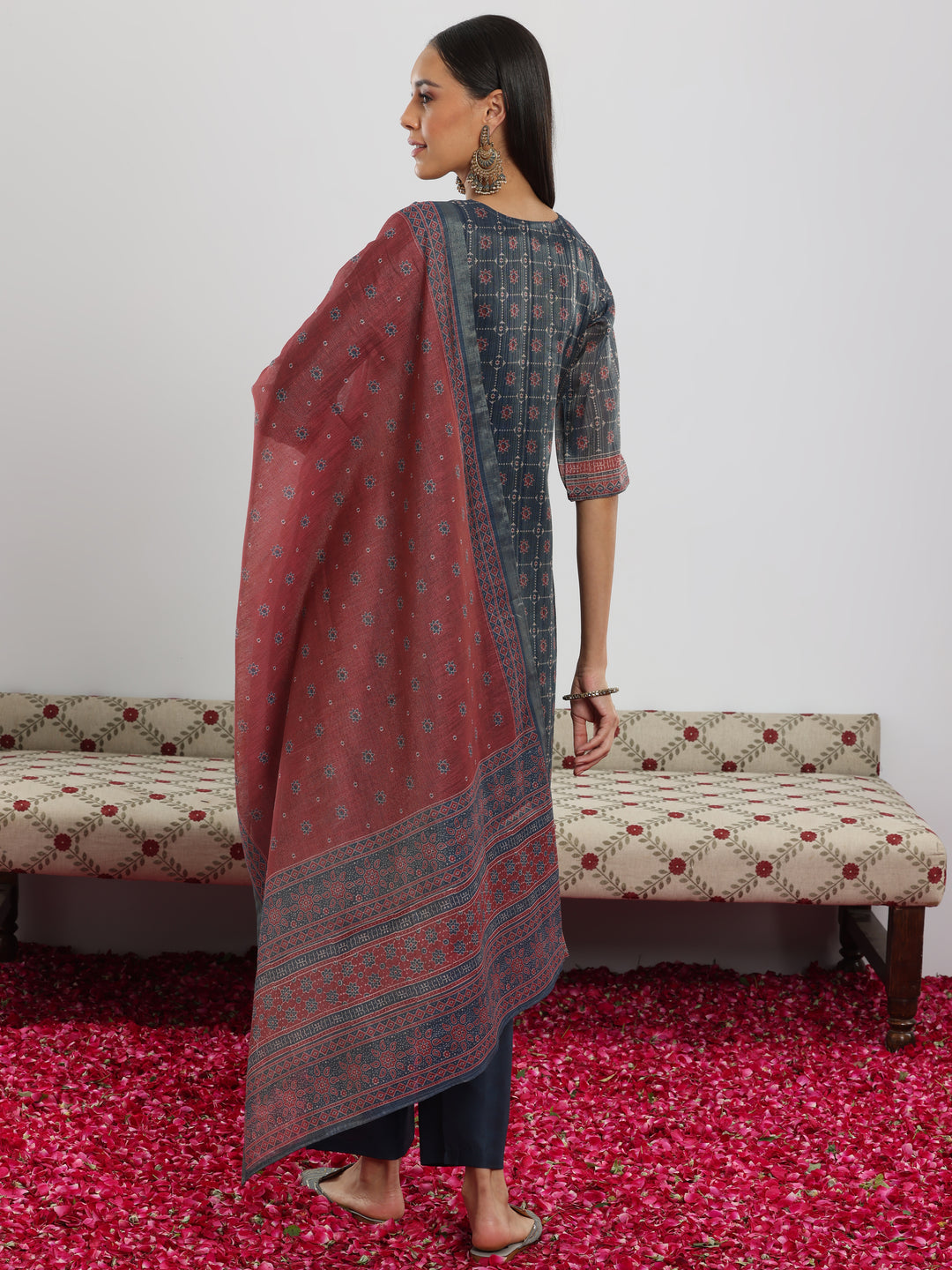 Blue Printed Silk Blend Straight Suit With Dupatta