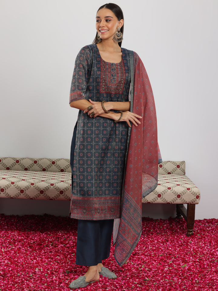 Blue Printed Silk Blend Straight Suit With Dupatta