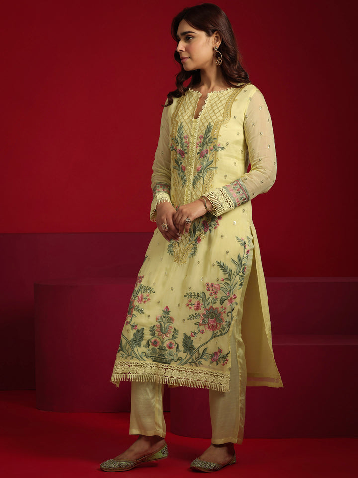 Libas Art Lime Green Embroidered Organza Straight Suit With Dupatta