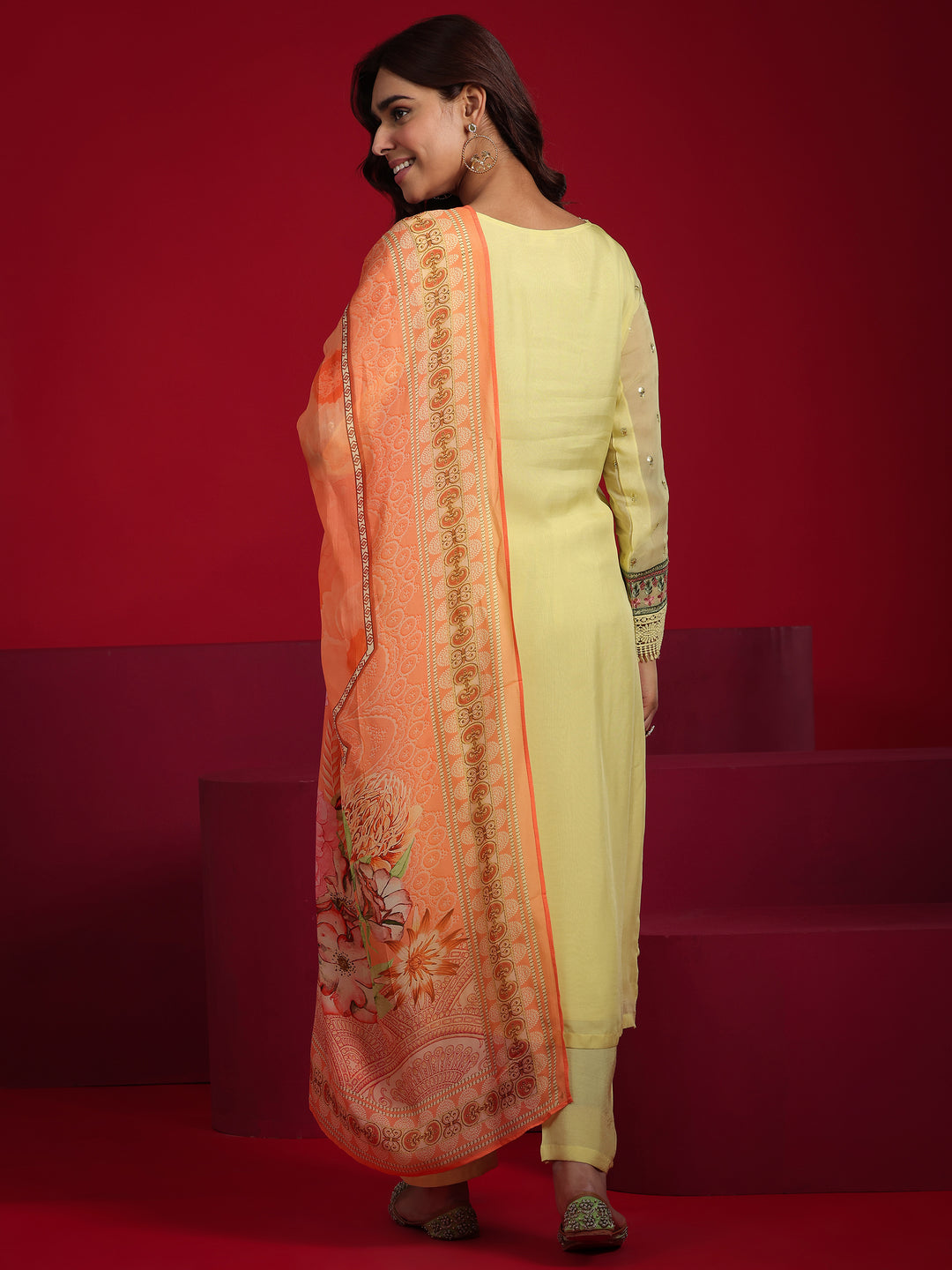 Libas Art Lime Green Embroidered Organza Straight Suit With Dupatta