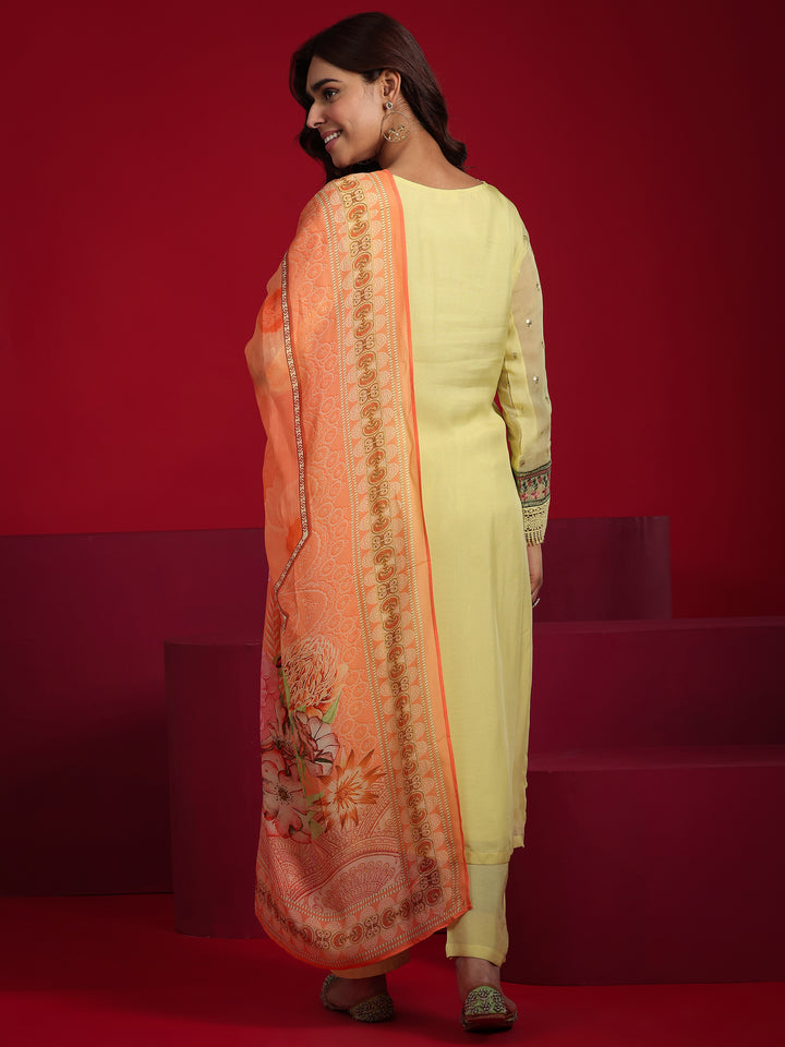 Libas Art Lime Green Embroidered Organza Straight Suit With Dupatta