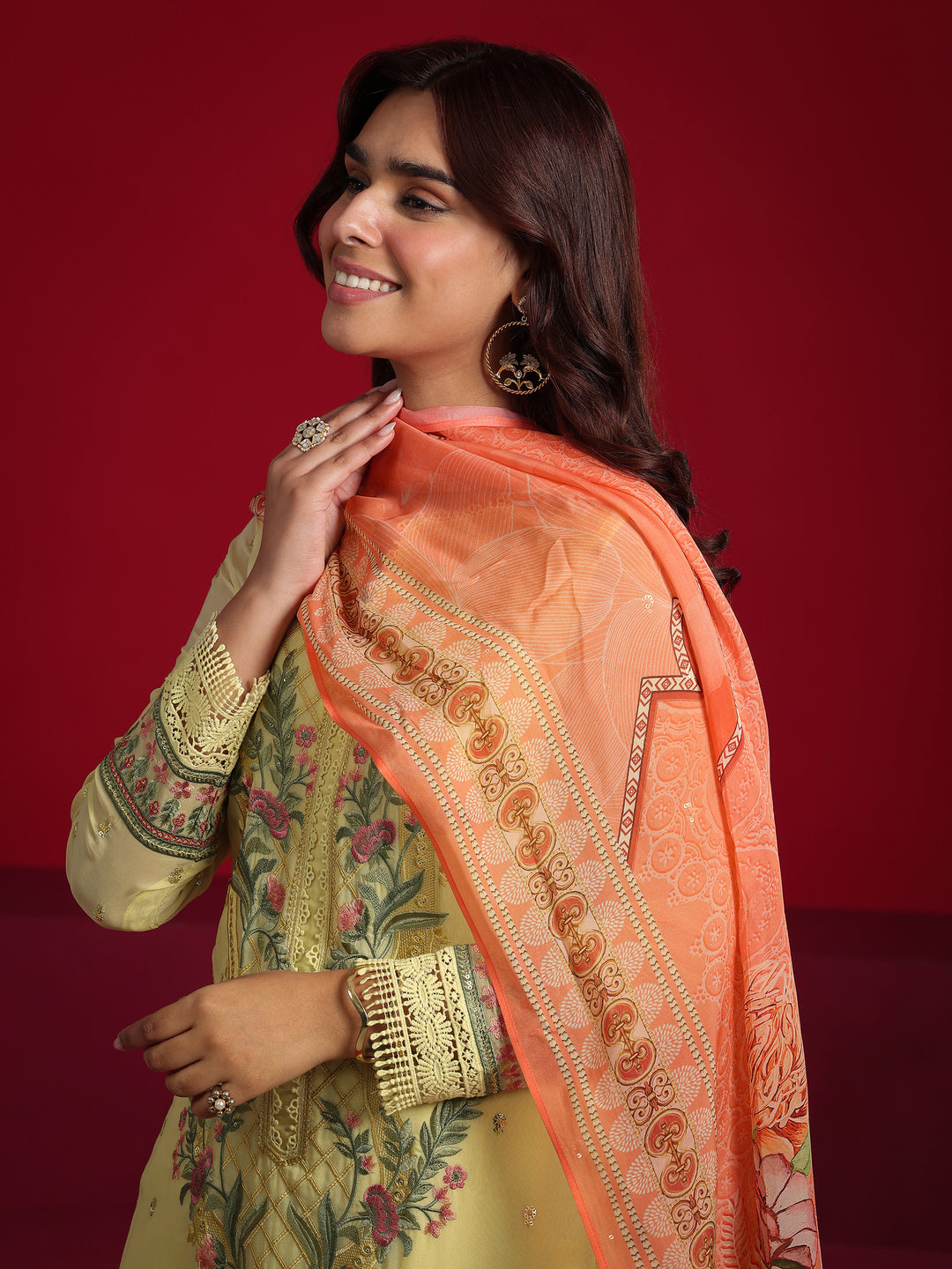 Libas Art Lime Green Embroidered Organza Straight Suit With Dupatta