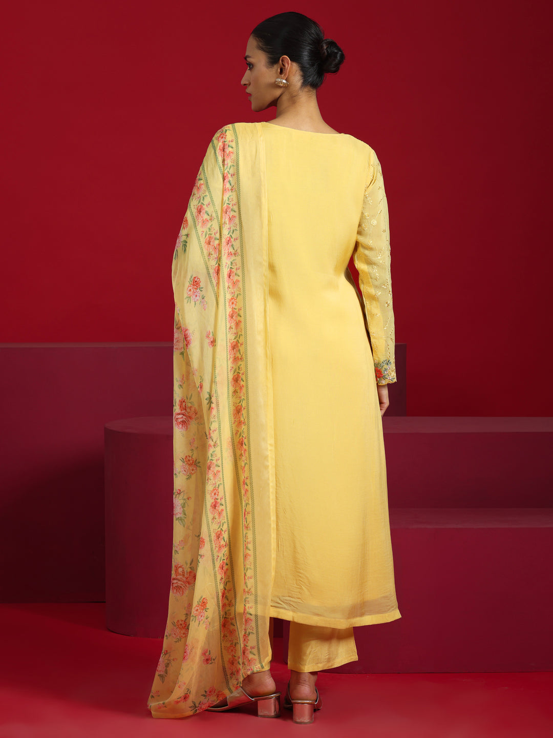 Libas Art Yellow Embroidered Organza Straight Suit With Dupatta