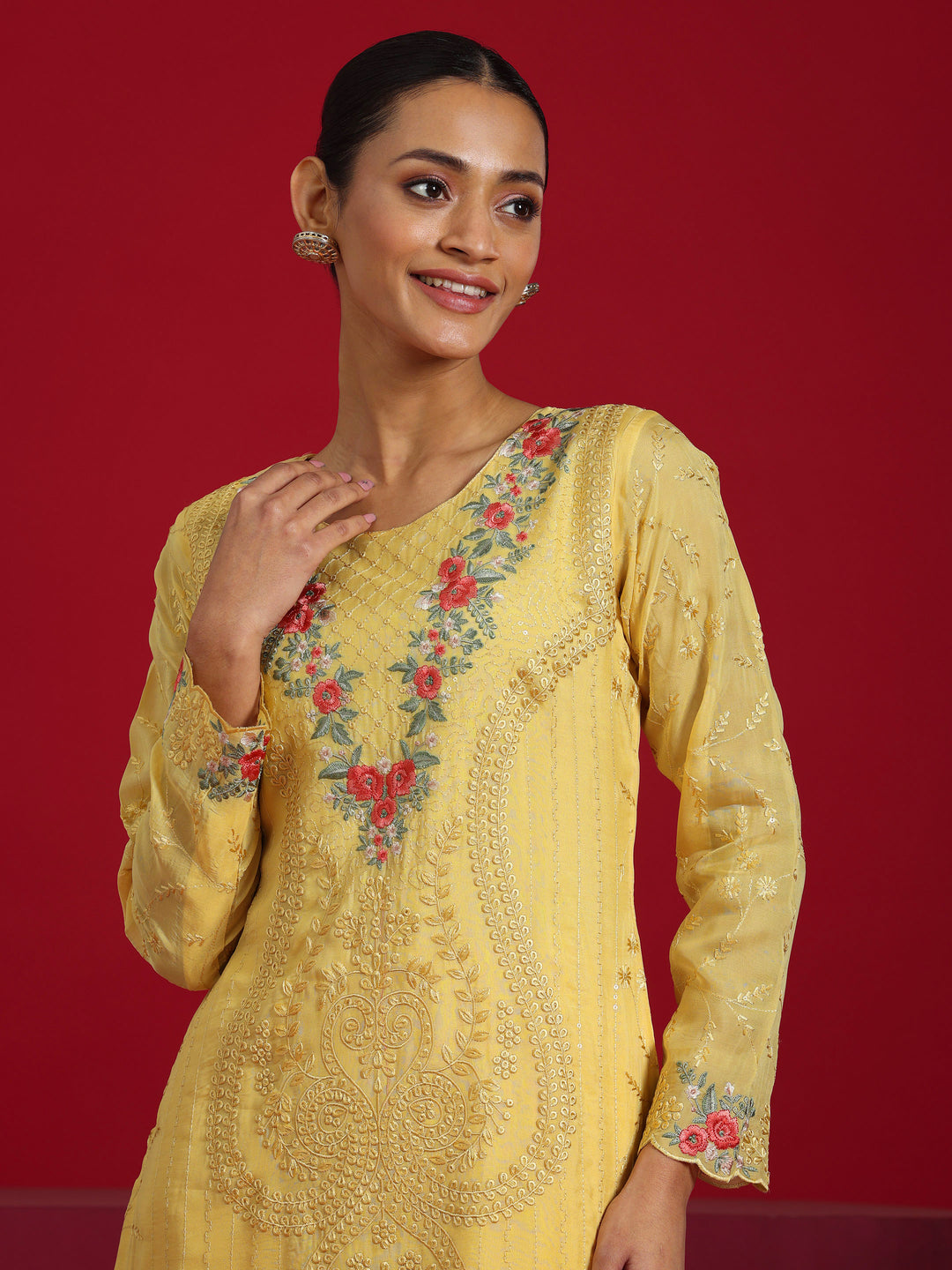 Libas Art Yellow Embroidered Organza Straight Suit With Dupatta