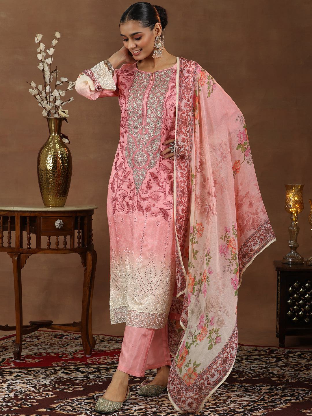 Pink Embroidered Muslin Straight Suit With Dupatta
