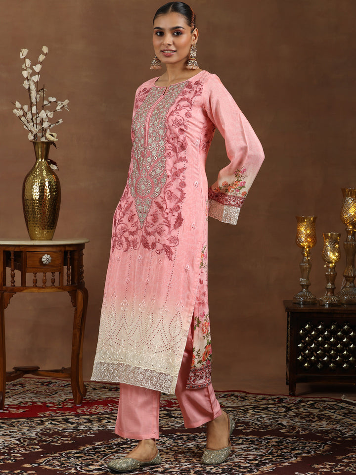 Pink Embroidered Muslin Straight Suit With Dupatta
