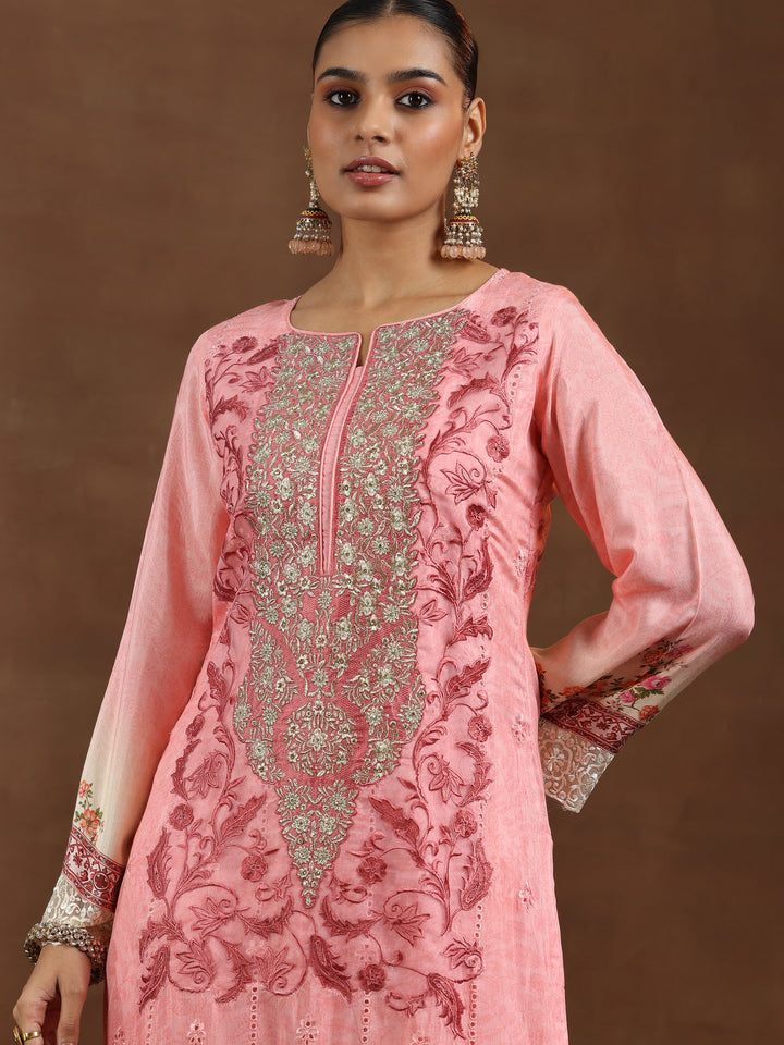 Pink Embroidered Muslin Straight Suit With Dupatta