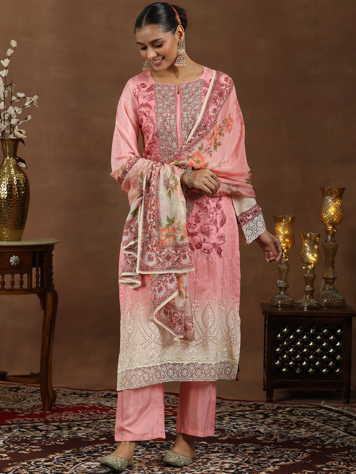 Pink Embroidered Muslin Straight Suit With Dupatta