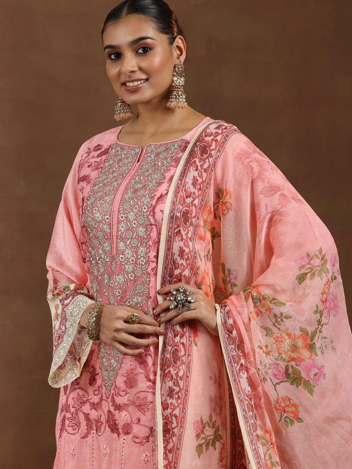 Pink Embroidered Muslin Straight Suit With Dupatta