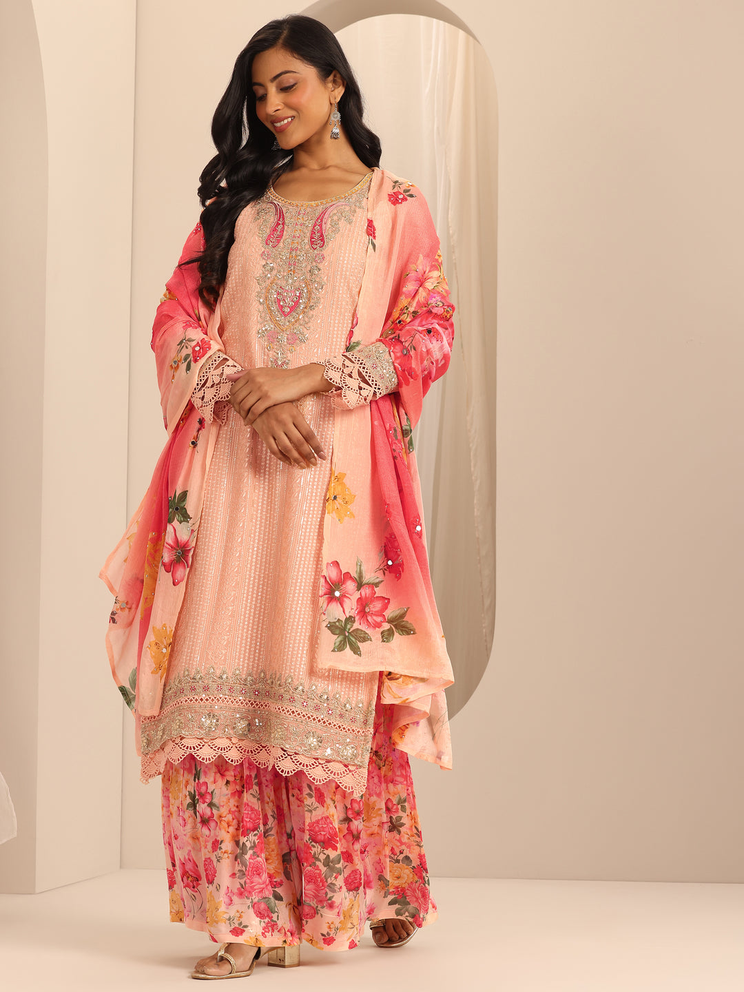 Libas Art Peach Embroidered Georgette Straight Sharara Suit Set With Dupatta