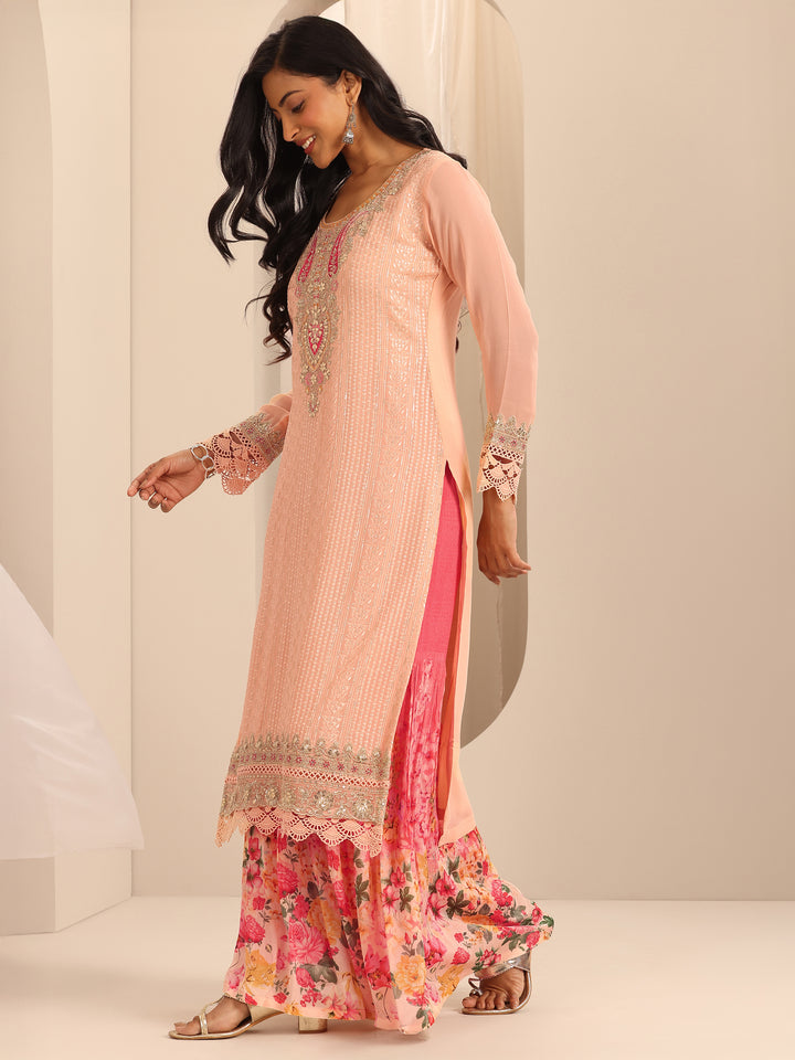 Libas Art Peach Embroidered Georgette Straight Sharara Suit Set With Dupatta