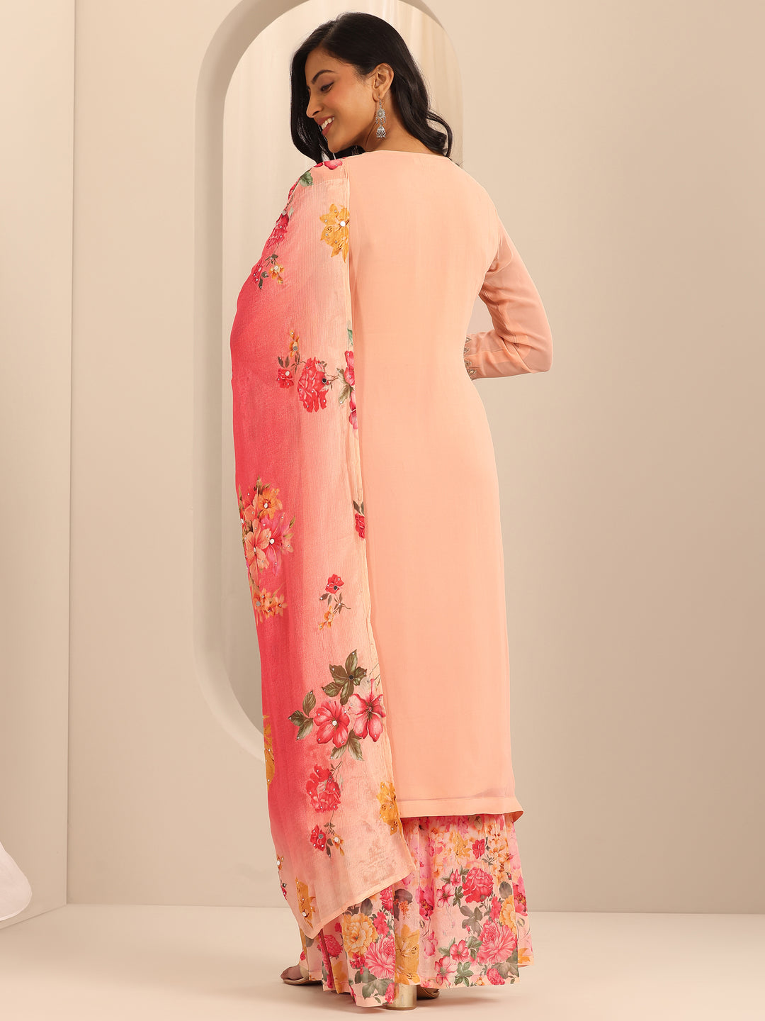 Libas Art Peach Embroidered Georgette Straight Sharara Suit Set With Dupatta
