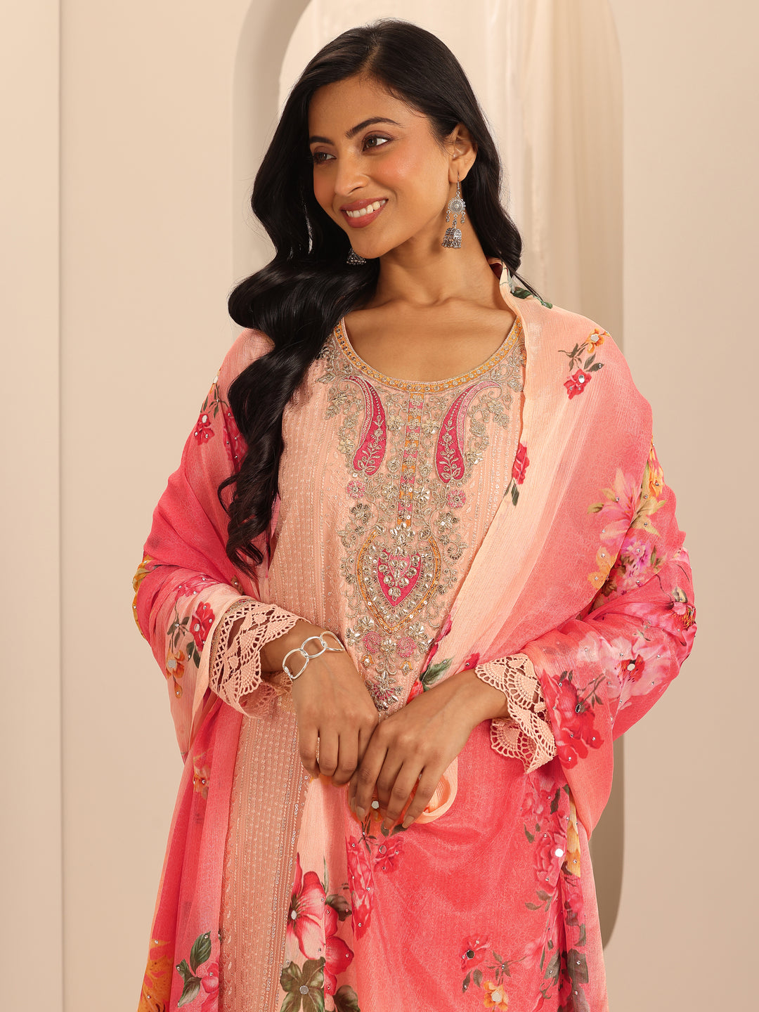 Libas Art Peach Embroidered Georgette Straight Sharara Suit Set With Dupatta