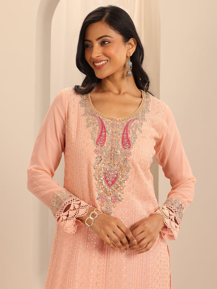Libas Art Peach Embroidered Georgette Straight Sharara Suit Set With Dupatta