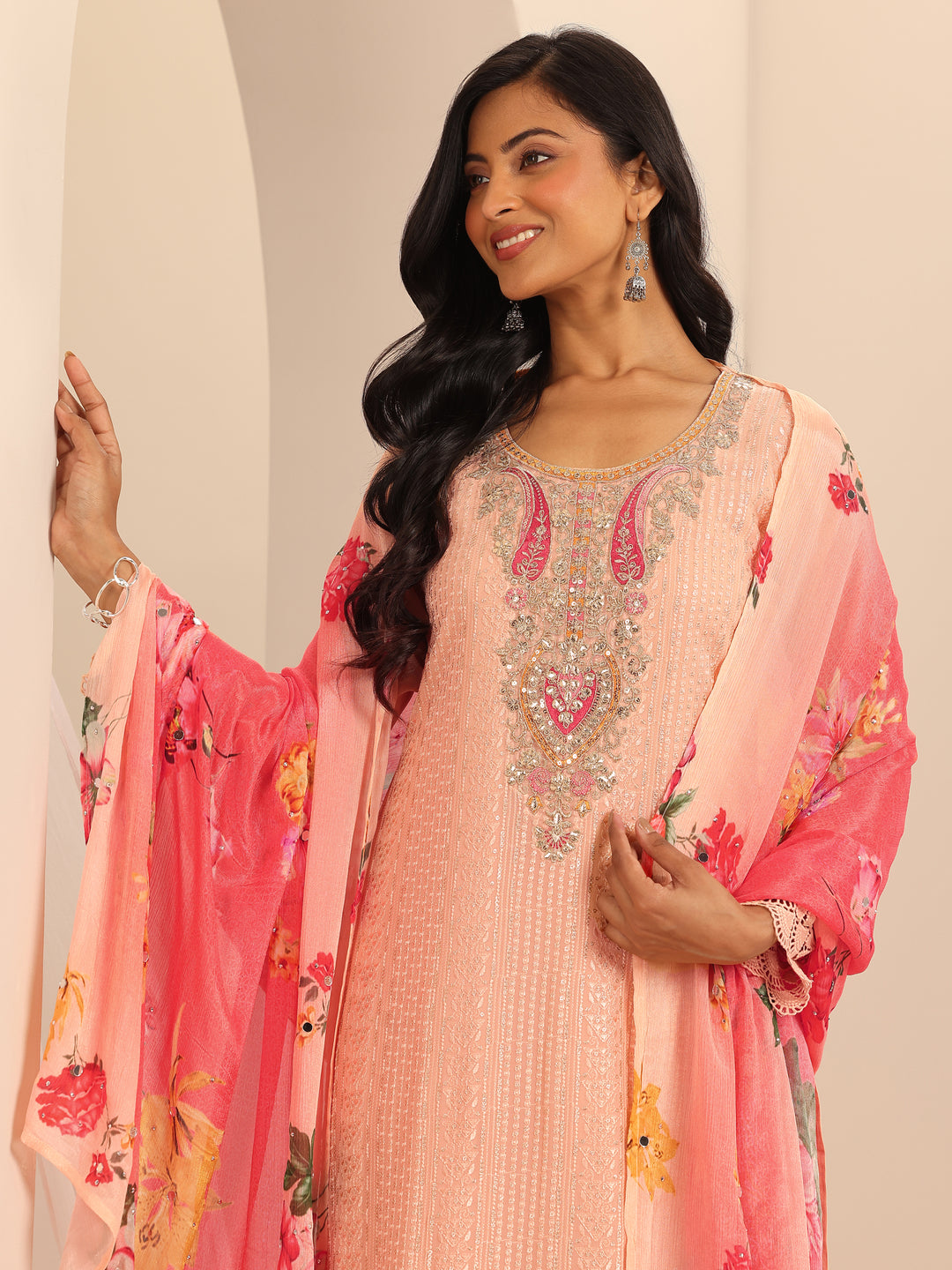 Libas Art Peach Embroidered Georgette Straight Sharara Suit Set With Dupatta