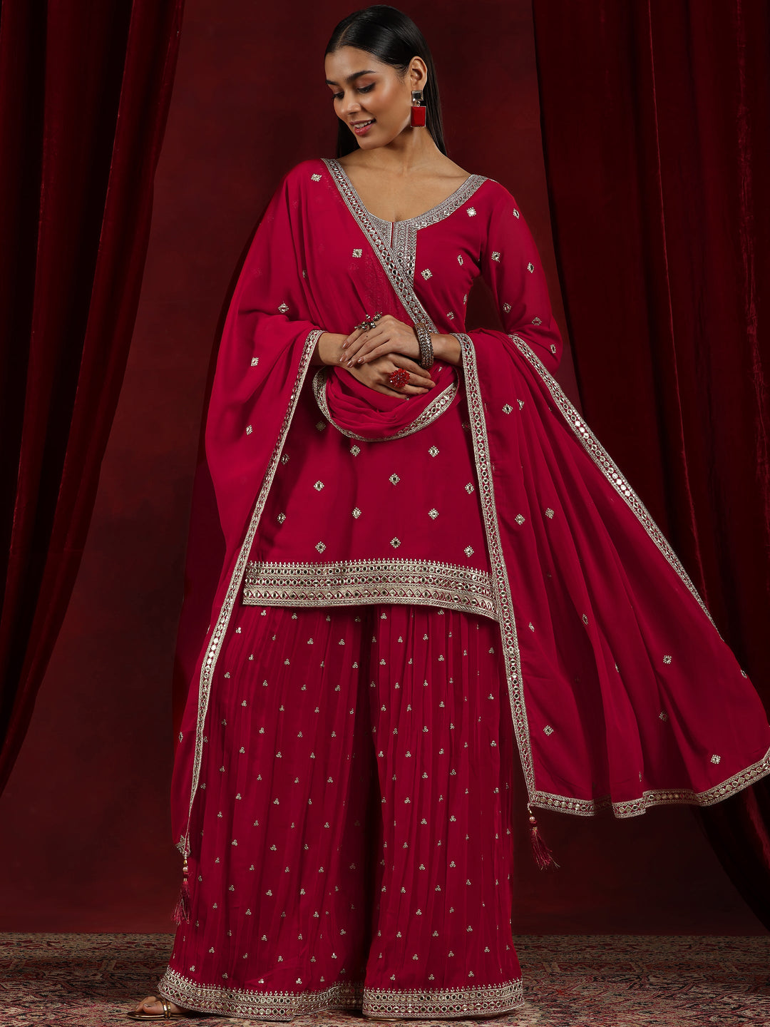 Surkh Libas Art Red Embroidered Georgette Straight Suit With Dupatta