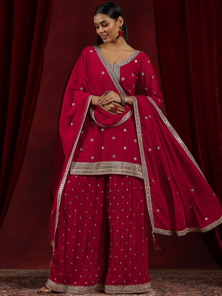 Surkh Libas Art Red Embroidered Georgette Straight Suit With Dupatta