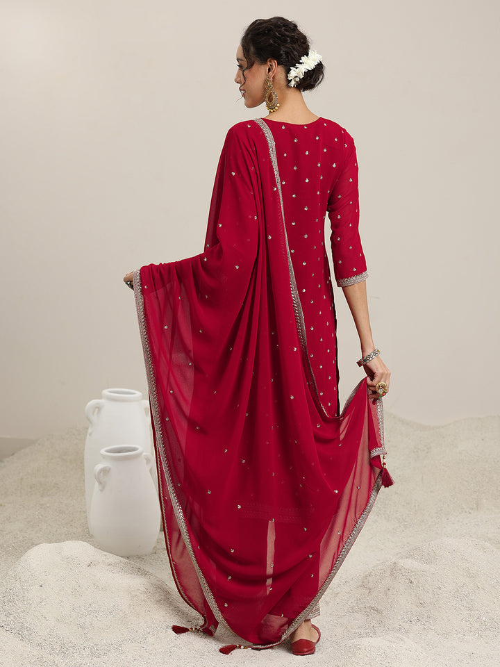 Red Embroidered Georgette Straight Suit With Dupatta
